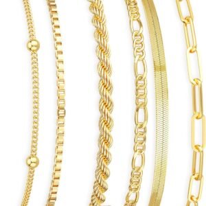 Mothers Day Gifts for Mom Gold Bracelets for Women Waterproof, 14K Gold Plated Jewelry Sets Trendy Thin Dainty Stackable Cuban Link Paperclip Chain Bracelet Pack Fashion Accessories Gifts for Womens