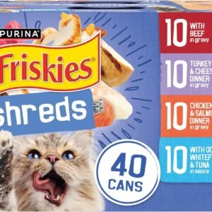 Purina Friskies Wet Cat Food Variety Pack, Shreds With Beef, Turkey and Cheese Dinner, Chicken and Salmon Dinner, and With Ocean Whitefish and Tuna – (Pack of 40) 5.5 oz. Cans