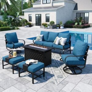 Sophia & William Patio Furniture Sets with 45″ Gas Fire Pit Table for 7 Outdoor Conversation Sets 6 Pcs, 2 x Swivel Cushioned Sofa Chairs, 1×3-Seat Sofa, 2xOttomans for Backyard Poolside Peacock Blue