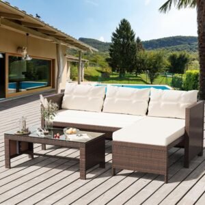 Shintenchi 3-Piece Outdoor Patio Furniture Sets, Wicker Patio Conversation Sets, All Weather Wicker Rattan Patio Seating Sofas with Glass Coffee Table and Cushion, Beige