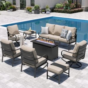 Sophia & William Patio Furniture Sets for 9 with 45″ Gas Fire Pit Table Outdoor Conversation Sets 8 Pcs, 2xSofa Chairs, 2xSwivel Cushion Chairs, 1×3-Seat Sofa, 2xOttomans for Porch Poolside Beige