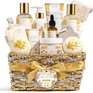 Mothers Day Birthday Gifts for Women, Honey & Almond Milk Relaxing Spa Gift Baskets for Women Self Care Package Bath Gift Set, Home Bath and Body Kit Pamper Gifts for Womens Her Mom Friends Sister