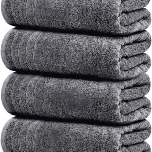 Tens Towels Pack of 4 Extra Large Bath Towels 30 x 60 Inches, 100% Cotton, Larger & Lighter Weight, Quicker to Dry, Super Soft and Absorbent, Perfect for Bathroom, Dark Grey