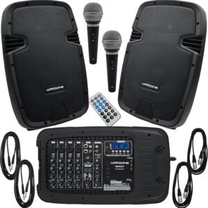 Warzone WDP25T – 1500W Active DSP Dual 10″ PA Speaker System with Integrated Mixer, Bluetooth Streaming, Dual Speakers, 2 Microphones & Cables – Portable Pro Audio Solution