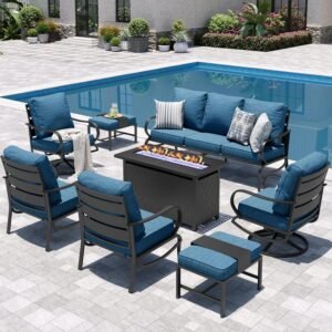 Sophia & William Patio Furniture Sets for 9 with 45″ Gas Fire Pit Table Outdoor Conversation Sets, 2xSofa Chairs, 2xSwivel Cushion Chairs, 1×3-Seat Sofa, 2xOttomans for Porch Poolside Peacock Blue