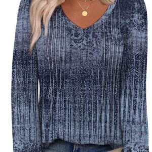 Alaroo Womens Long Sleeve Shirts Pleated V Neck Curved Hem Fall Winter Tunic Tops Blouses Print