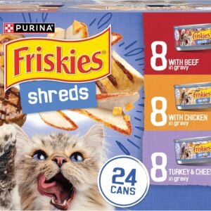 Purina Friskies Gravy Wet Cat Food Variety Pack, Shreds With Beef, With Chicken, and Turkey and Cheese Dinner – (Pack of 24) 5.5 oz. Cans