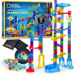 NATIONAL GEOGRAPHIC Glowing Marble Run – Construction Set with 15 Glow in The Dark Glass Marbles & Storage Bag, STEM Gifts for Boys and Girls, Building Project Toy (Amazon Exclusive)