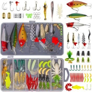 GOANDO Fishing Lures Kit for Freshwater Bait Tackle Kit for Bass Trout Salmon Fishing Accessories Tackle Box Including Spoon Lures Soft Plastic Worms Fishing Gifts