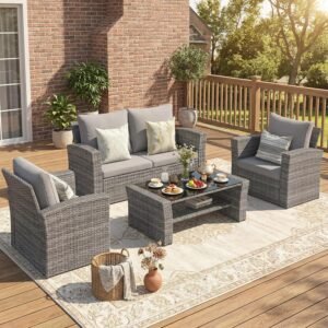Wisteria Lane Patio Furniture Set, Wicker Outside Outdoor Furniture for All Weather, Patio Sofa with High Backrest Support and Wide Armrest for Backyard, Balcony, Deck, Porch, Light Gray