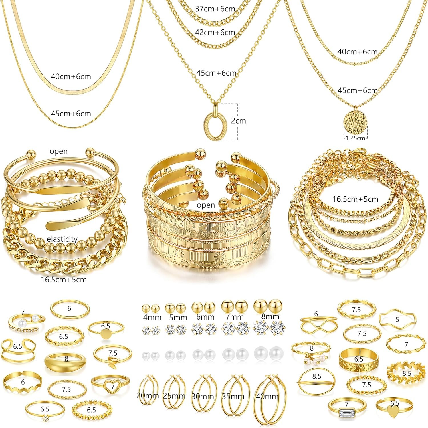 FAXHION 68 Pcs Gold Jewelry Set for Women with 7 Necklace, 17 Bracelet, 5 Hoop Earrings, 15 Stud Earrings, 24 Knuckle Rings for Women Jewelry Set for Women - Image 7