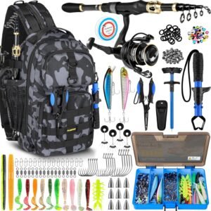 PLUSINNO Fishing Backpack with Fishing Rod and Reel Combos Tackle Boxes, Waterproof Tackle Backpack for Fishing Gear with Rod Holder, Fishing Gifts for Men with Fishing Tool Kit…