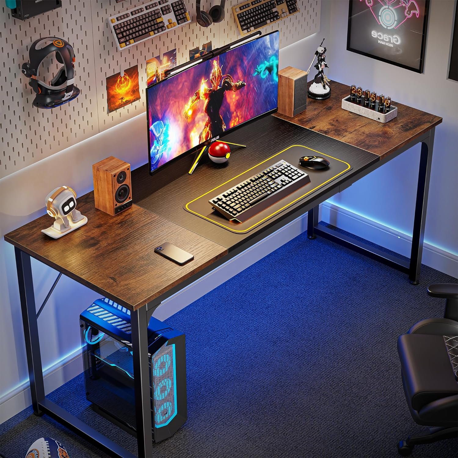 Huuger Computer Desk, 63 Inch Office Desk, Gaming Desk with Storage, Writing Desk Work Desk for Home Office, Study, Modern Simple Desk, Large Legroom, Metal Frame, Rustic Brown and Black - Image 4