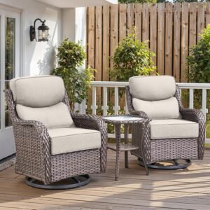 Belord Luxury 6″ Thick Cushioned Outdoor Swivel Rocker Patio Chairs with Side Table, High Back Wicker Furniture Set with Ergonomic Zone Back, Conversation Glider Set for Deck Porch – Brown+Beige