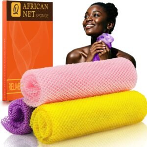 UJFQBH 3 Pieces African Bath Sponge African Net Long Net Bath Sponge Exfoliating Shower Body Scrubber Back Scrubber Skin Smoother,Great for Daily Use (Pink,Yellow,Purple)