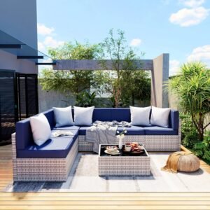 Pamapic 7 Piece Outdoor Sectional Sofa Set, All-Weather Patio Furniture with Washable Cushions, Waterproof Gray Rattan Wicker Conversation Set for Backyard, Poolside, Garden (Navy Blue Cushions)