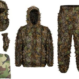 Ginsco Ghillie Suit Full Face Mask Gloves Set, 3D Leafy Camo Suit for Men, Outdoor Hunting Photography