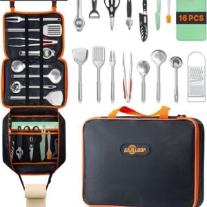 Gaialoop Portable Camping Cooking Utensils Set, Camp Kitchen Set with Organizer Bag, RV Essentials Outdoor Cooking Utensil Kit for Travel, Picnics, Camping, BBQs, Parties