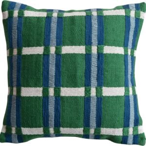 Creative Co-Op Square Woven Fabric Indoor/Outdoor Pillow with Embroidery and Plaid Pattern, Green, Blue and Cream