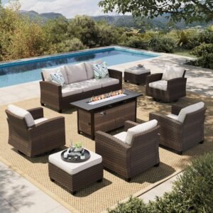 HERA’S HOUSE Swivel Glider Patio Furniture Set with Fire Pit, Outdoor Wicker Conversation Sets, 8 Pieces Deep Seat Rattan Sofa Sets with Cushions for Deck Backyard Lawn, Beige/Brown