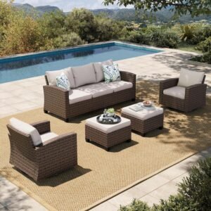 HERA’S HOUSE Wicker Patio Furniture Set with Swivel Glide Chairs, 5 Pieces Outdoor Conversation Sofa Sets with Cushions for Deck Lawn Backyard, Beige