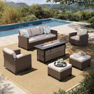 HERA’S HOUSE Swivel Glide Patio Furniture Set with 56″ Fire Pit Table, 6 Pieces Outdoor Wicker Sectional Conversation Sofa Sets for Lawn Backyard Deck, Beige