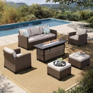 HERA’S HOUSE Patio Furniture Set with 56″ Fire Pit Table, Outdoor Patio Conversation Sets, 6 Pieces 7 Seats Wicker Outside Sectional Sofa Set for Lawn Backyard Deck