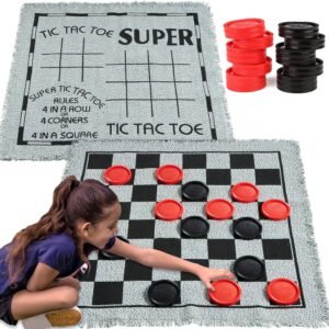 3-in-1 Vintage Giant Checkers, Tic, Tac, Toe, with Reversible Mat, 24 Chips, Family Board Game, Lawn Game, BBQ Party Favor, Indoor and Outdoor Activity for Kids and Adults