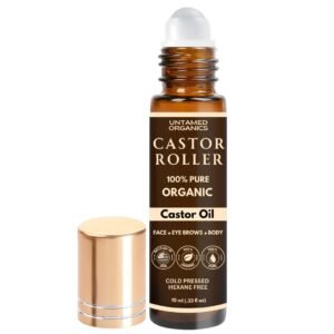 Untamed Organics 100% Organic Castor Oil Roll On For Eyebrows, Lips, Under Eyes, Eyelashes, Cuticles – Mess Free Roller Ball – Certified Organic, Cold Pressed, Hexane Free – Travel Sized Glass Bottle