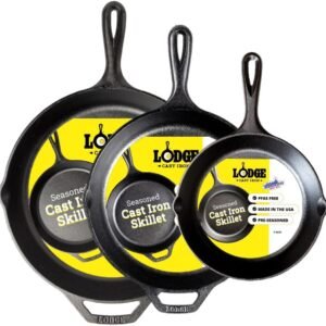Lodge Seasoned Cast Iron Skillet Set – PFAS-Free, Non-Toxic Cookware – Use with an Oven, Stove, Grill, or Campfire – Naturally Non-Stick & Oven Safe – 8, 10.25 & 12 Inches