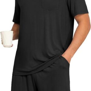 PrinStory Mens Pajamas Set Summer Pjs Sets Lightweight Short Sleeve Pajama Soft Sleepwear Loungewear with Pockets