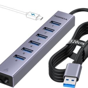 FORIDA Aluminum USB to Ethernet Adapter with 7-Port USB Hub – 3.9ft Long Cable, Gigabit Ethernet Port, 5V/3A Power Port | USB Extender Compatible with Windows, macOS, Linux & More