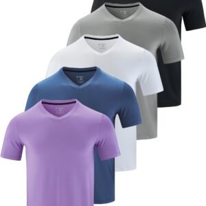 5 Pack Mens V-Neck Dry Fit T-Shirts, Active Athletic Short Sleeve Workout Tops, Performance Gym Tees (Available in Plus Size)