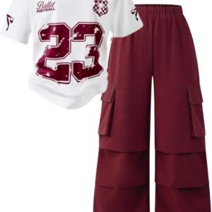 Tween Girls Clothes Short Sleeve Graphic T-Shirt Top + Cargo Pants 2pcs Outfit Set, Size 7-15Years