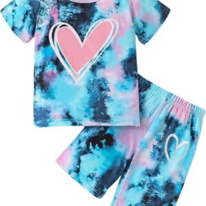 Kids Girl Clothes Tie Dye Heart Print Short Sleeve Top and Shorts Toddler Girl Summer Outfits Short Set