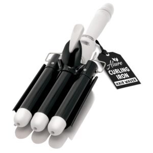 Alure Three Barrel Curling Iron Wand Hair Waver with LCD Temperature Display – 1 Inch Ceramic Tourmaline Triple Barrels, Dual Voltage Crimp (Black/White)