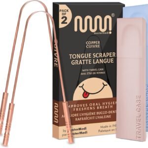 MasterMedi Tongue Scraper with Case Easy to Use Tongue Scraper for Adults, Tongue Cleaner for Oral Care & Hygiene Copper Set of 2 (with Travel Case)