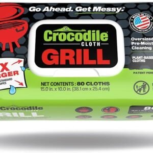 Crocodile Cloth Grill – 80 (15″ x 10″) Plant-based Cleaning Wipes. Safe on Skin & Multiple Surfaces. Infused with Aloe & Vitamin E. Large, Pre-Moistened & Absorbent.
