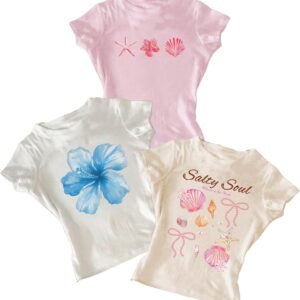 RoseSeek Girl’s Shirts 3 Packs Graphic Tees Vacation Hibiscus Top Crewneck Short Sleeve Cute Tops Summer Slim Fit T Shirt