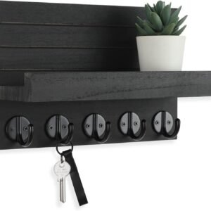 Lwenki Key Holder for Wall, Decorative Key and Mail Holder with Shelf Has Large Hooks for Bags, Coats, Umbrella – Paulownia Wood Key Hanger with Mounting Hardware (9.8”W x 6.7”H x 4.2”D)