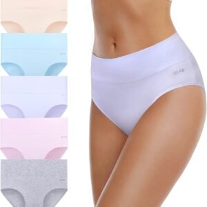 coskefy Women’s High Waisted Cotton Underwear Soft Breathable Panties Stretch Briefs Ladies Panties 5 Pack
