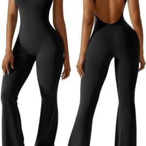 OEAK Womens Flare Jumpsuit with Bra Tummy Control Cutout Romper Workout Outfit Sleeveless Unitard One Piece Backless Bodysuit