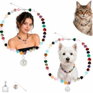 Handmade Matching Dog Collar & Owner Necklace Replaceable Pendant (Round Ball+Memory Vial) for Storing Pet Fur Gemstone Beaded Jewelry Set Dog Collar for Puppy, Large Cat Collar Set for Pet Lovers