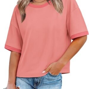 WIHOLL Womens T Shirts Loose Fit Short Half Sleeve Crew Neck Oversized Tshirts Color Block Summer Tops Fashion 2026