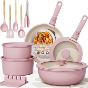 Astercook 21 Pcs Pots and Pans Set Non Stick, Ceramic Cookware Set Detachable Handle, RV Kitchen Cooking Set Removable Handles, Oven Safe, Induction Ready, Stackable, Pink, Mothers Day Gifts