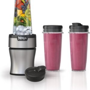 Ninja Nutri-Plus Personal Blender | Compact Push to Blend | Make Frozen Drinks, Smoothies, Sauces & More | With (3) 20 oz. To-Go Cups, (2) Spout-Lids & (1) Storage-Lid | 900 Peak Watt | Silver | BN301