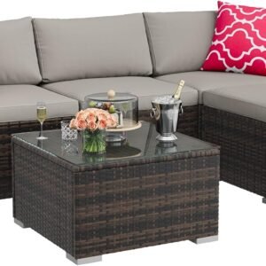 GAOMON 5-Piece All-Weather Patio Furniture Set, Convertible Outdoor Sectional Sofa with Ottoman & Tempered Glass Table, PE Rattan Conversation Set for Garden, Backyard, Porch, Poolside