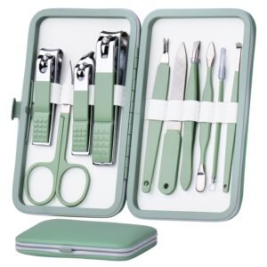 HANTEKAS Manicure Set 10 in 1 Stainless Steel, Nail Clippers Scissors Pedicure Tools Kit – Portable Travel Grooming Kit for Men and Women with Leather Case (Jade Green)