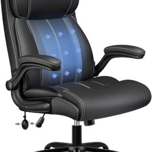 BESTFAIR Ergonomic Office Chair – Desk Computer Chair, Leather High Back Executive Chairs with Adjustable Lumbar Support & Flip Up Arms, Rocking, Black