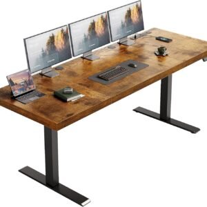 OffiGo 71 Inch Executive Electric Standing Desk, Height Adjustable Desk with Power Outlet & 1.38″ Thick 3-Piece Desktop, Sit Stand Computer Desk for Home, Office, Conference Room, Rustic Brown